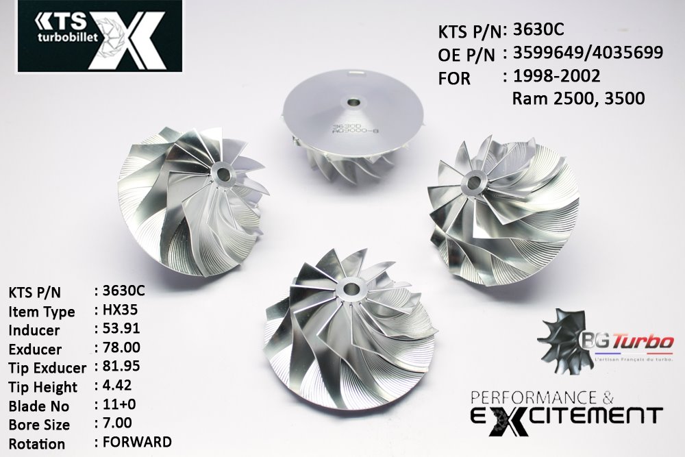 Turbo ROUE FORGÉE MFS PERFORMANCE - 11+0 PALES - INDUCER : 53,91 - EXDUCER : 78 - TYPE : HX35ANGLE : 40° - ROTATION : Forward - SUPER BACK : 5,09 - BORE SIZE : 7
